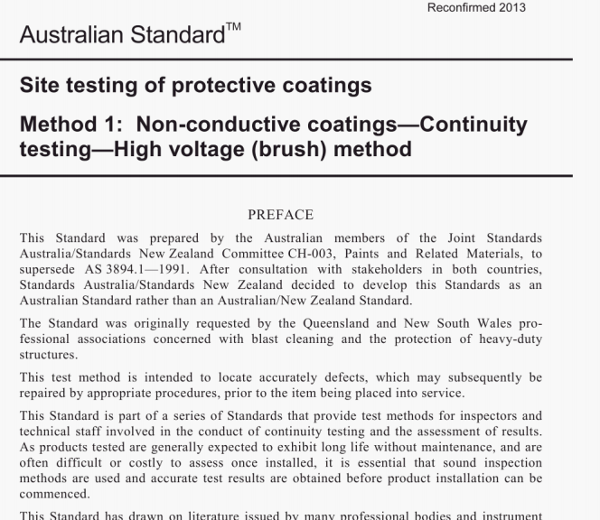 AS 3894.1:2002 pdf – Site testing of protective coatings Method 1: Non-conductive coatings- – Continuity testing- High voltage (‘brush’) method .