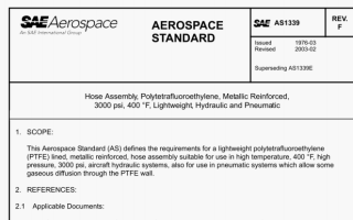 SAE AS 1339F:2003 pdf – Hose Assembly, Polytetrafluoroethylene, Metallic Reinforced, 3000 psi, 400 °F, Lightweight, Hydraulic and Pneumatic
