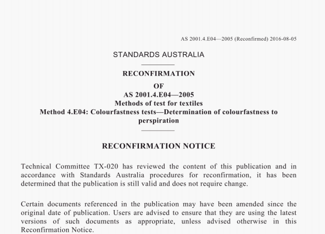 AS 2001.4.E04:2005 pdf – Methods of test for textiles Method 4.E04: Colourfastness tests—Determination of colour fastness to perspiration