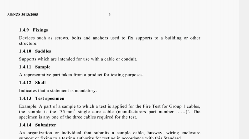 AS/NZS 3013:2005 pdf – Electrical installations-Classification of the fire and mechanical performance of wiring system elements