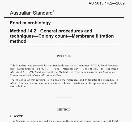 AS 5013.14.2:2009 pdf – Food microbiology Method 14.2: General procedures and techniques-Colony count-Membrane filtration method